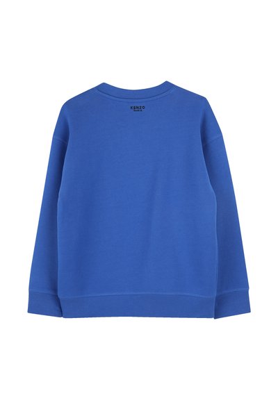 Blue sweatshirt made of cotton, featuring a ribbed texture, crew neck, and long sleeves. Back displays a logo at the neckline.