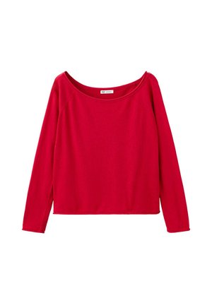 Rød langærmet damebluse med bred rund halsudskæring og enkelt design, vist fladt på hvid baggrund.