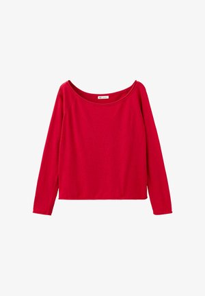 Rød langærmet damebluse med bred rund halsudskæring og enkelt design, vist fladt på hvid baggrund.