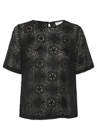 Schwarze Spitzenbluse mit floralem Muster, kurzen Ärmeln, runder Ausschnitt und einem Schlitzdetail im Rücken.