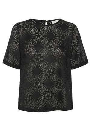 Schwarze Spitzenbluse mit floralem Muster, kurzen Ärmeln, runder Ausschnitt und einem Schlitzdetail im Rücken.