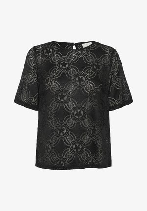 Blusa nera in pizzo con motivi floreali, maniche corte, scollatura rotonda e dettaglio a chiave sulla schiena.