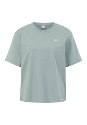 Light blue short-sleeve T-shirt with small rainbow skateboard embroidery on left chest and fabric brand tag at bottom hem.