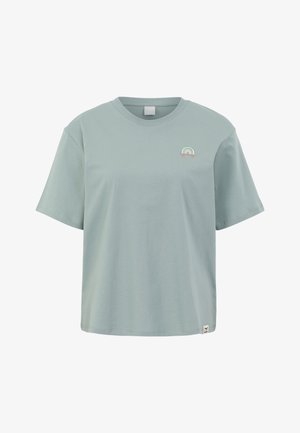 Light blue short-sleeve T-shirt with small rainbow skateboard embroidery on left chest and fabric brand tag at bottom hem.