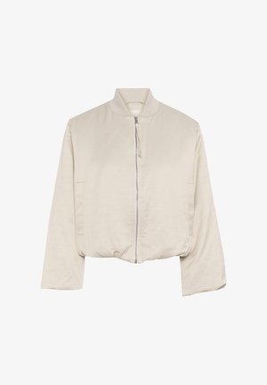 Beige Bomberjacke aus weichem Stoff, mit Stehkragen, Reißverschluss vorne und zwei seitlichen Taschen.