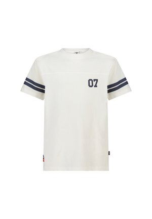 Wit T-shirt met korte mouwen, voorzien van dubbele marineblauwe strepen op de mouwen en een marineblauwe "07" gedrukt op de linkerborst.