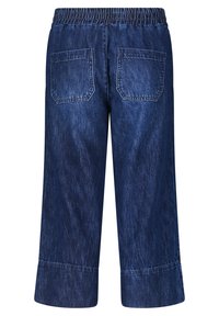 Pantalon à jambes larges en denim bleu foncé avec taille élastique et deux poches plaquées à l'arrière, présenté de dos sur fond blanc.