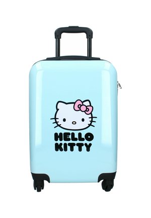 Helles blaues Hartschalengepäck mit schwarzen Rädern und Griff, versehen mit einem Hello Kitty-Gesicht und einer rosa Schleife über dem Text "HELLO KITTY."