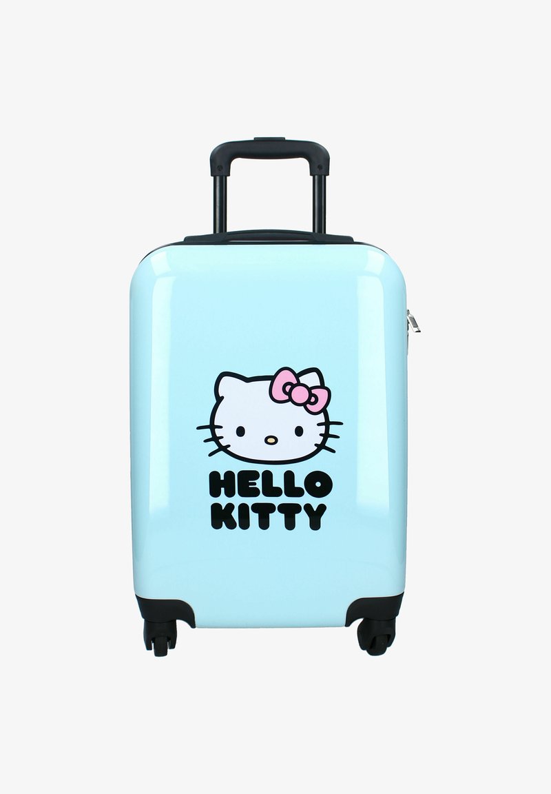 Lichtblauwe harde koffer met zwarte wielen en handvat, met daarop een Hello Kitty-gezicht en een roze strik boven de tekst "HELLO KITTY."
