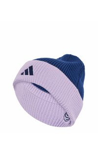 Knit beanie in blue and lavender, featuring a rolled cuff, textured pattern, and a small brand logo on the side.