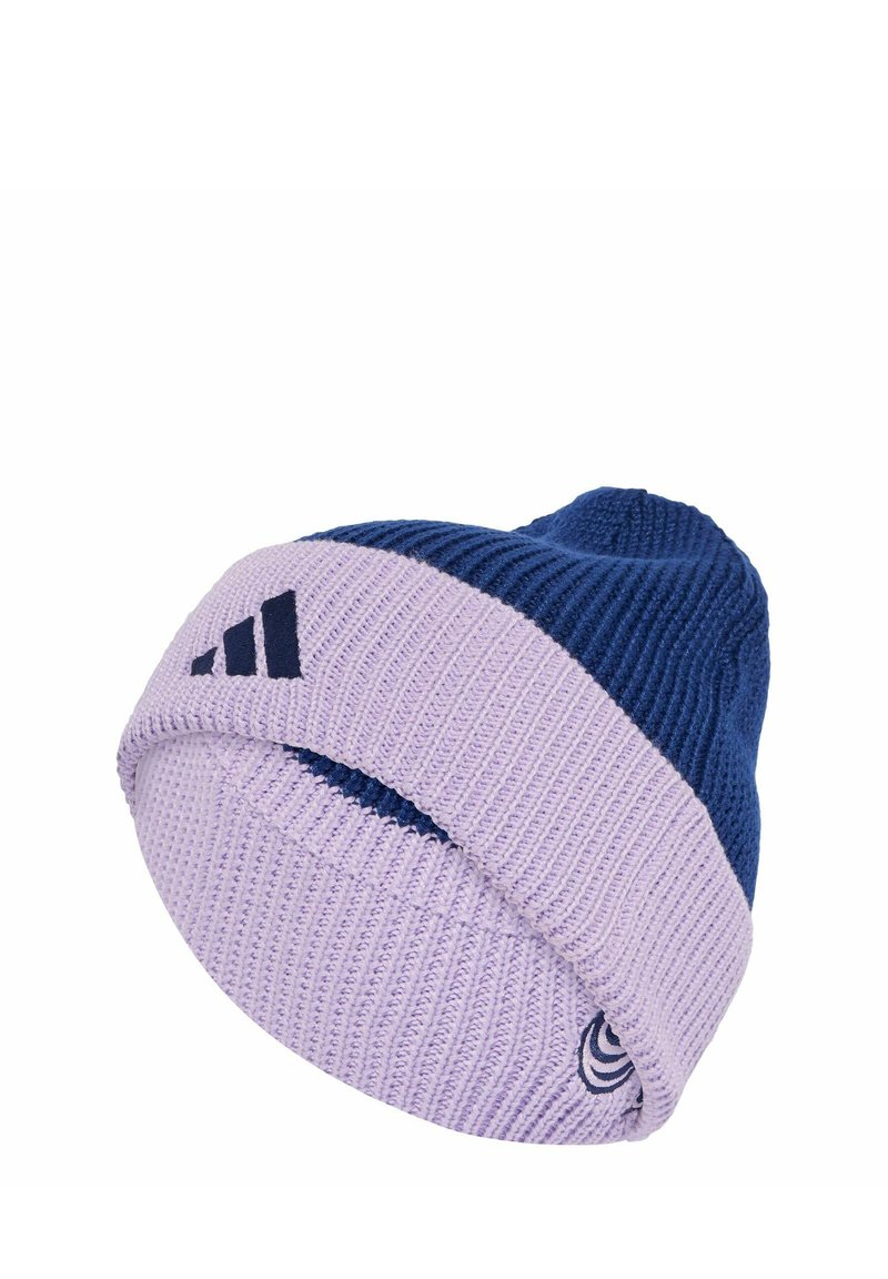 Knit beanie in blue and lavender, featuring a rolled cuff, textured pattern, and a small brand logo on the side.