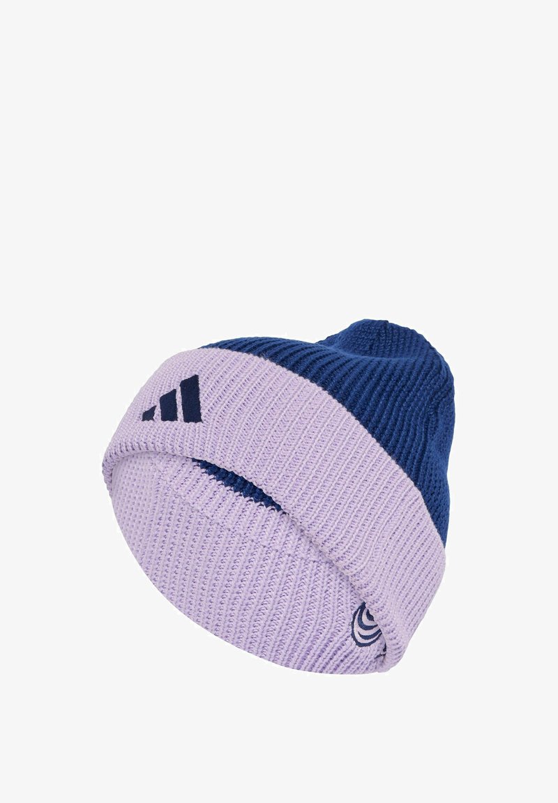 Knit beanie in blue and lavender, featuring a rolled cuff, textured pattern, and a small brand logo on the side.