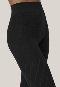 Närbild av en person som bär högmidjade svarta texturerade leggings med subtila vertikala linjemönster mot en neutral bakgrund.