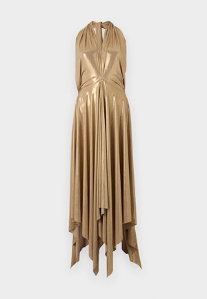 Metallic gold halter dress with deep V-neck, draped bodice, and flared, asymmetrical hem featuring vertical pleats for added texture.