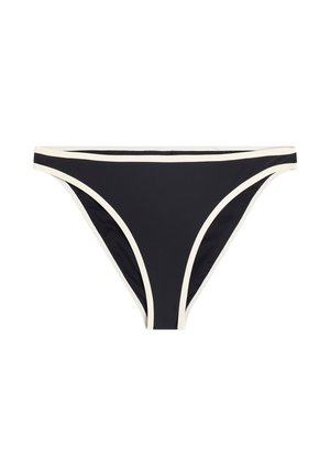 Slip bikini nero con bordatura bianca lungo la fascia della vita e le aperture delle gambe, mostrato su uno sfondo bianco semplice.