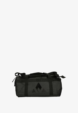 Sort duffelbag med en glat overflade, der har robuste håndtag, en lynlås lukning og et logo designet på siden.