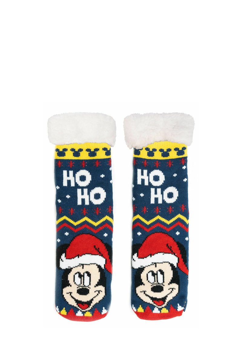 Calzini natalizi rossi e blu navy con polsini bianchi soffici, che presentano il volto di un personaggio dei cartoni animati, il testo "HO HO", fiocchi di neve e motivi festivi.