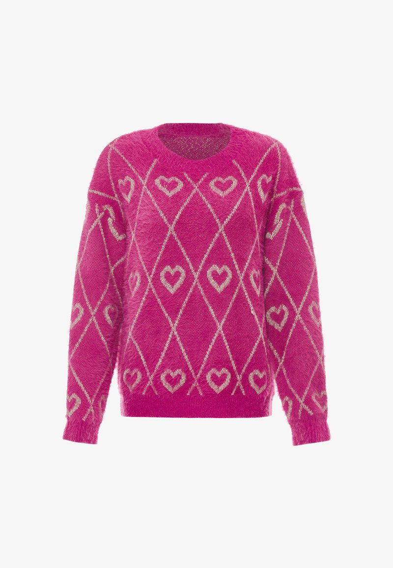 Flauschiger pinker Pullover mit Rautenmuster und kleinen Herzen, mit Rundhalsausschnitt und langen Ärmeln, aus weichem, strukturiertem Material.