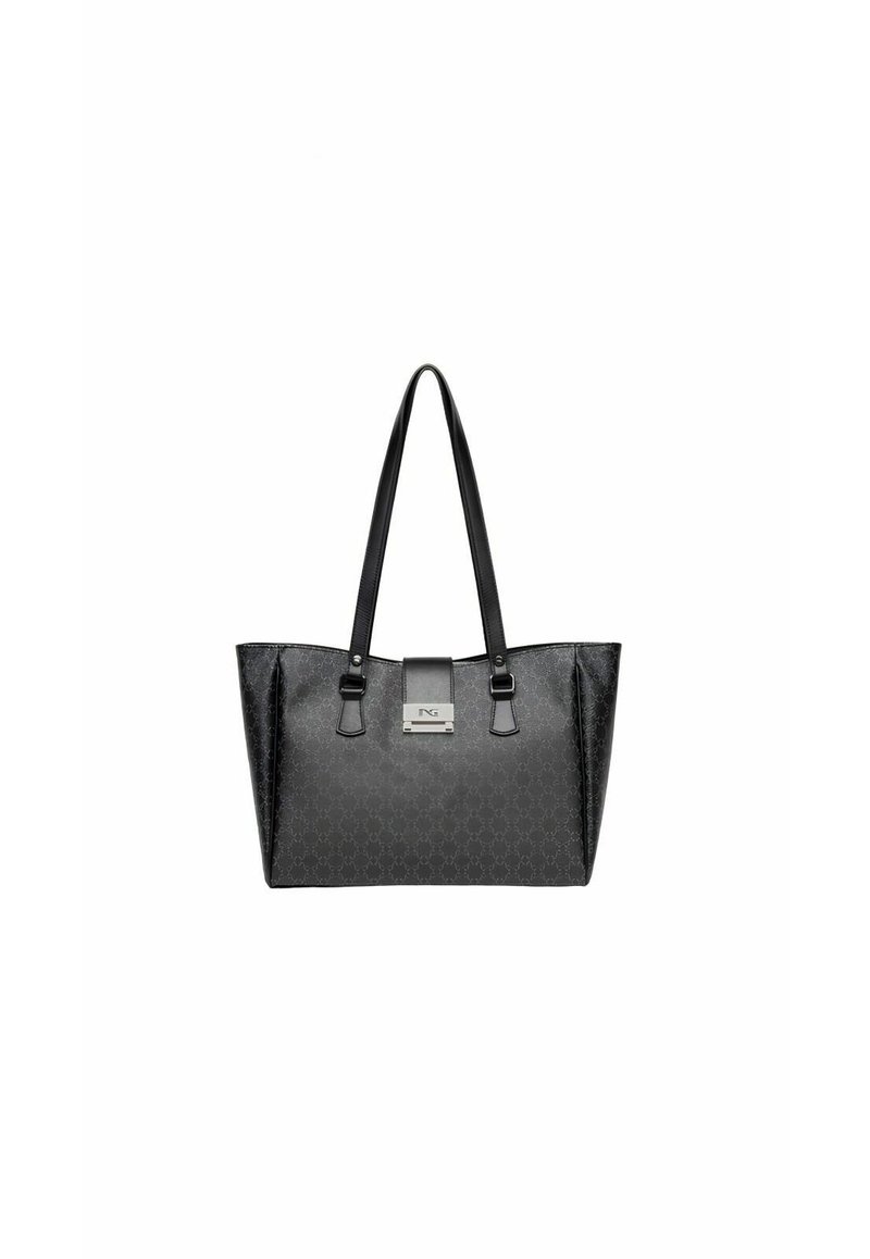 Borsa a tote nera realizzata in materiale sintetico testurizzato con un motivo geometrico. Presenta due solide maniglie e un accento con logo in metallo sul davanti.