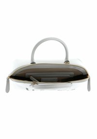 Light gray handbag featuring a zippered top, dual handles, and a spacious interior with a slip pocket and a textured lining.