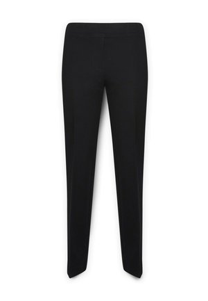 Schwarze Hose im Slim-Fit-Design. Das Material ist glatt und dehnbar, mit einem elastischen Bund und ohne sichtbare Taschen.