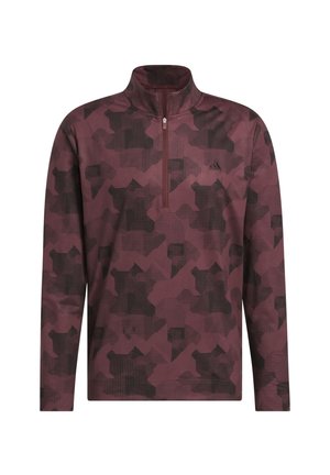 Mörkröd långärmad tröja med dragkedja i kragen, med ett svart geometriskt mönster och textil med struktur. Logotypen är placerad på övre vänstra bröstet.
