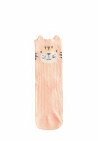 Pink ankle sock with ribbed texture, featuring a cat face design, pointed ears, and black whisker accents. Top includes yellow and orange details.