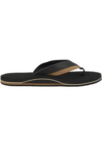 Tongs noires avec un accent marron, dotées d'une semelle intérieure texturée et de brides lisses, conçues avec une semelle en caoutchouc flexible.