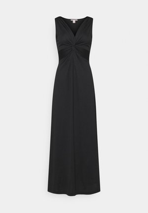 Robe maxi noire sans manches avec un détail en torsion à l'avant, dotée d'un décolleté en V et d'un tissu lisse et fluide qui tombe jusqu'au sol.
