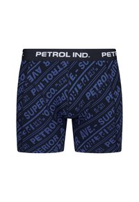 Mörkblå boxertroser med ett repetitivt textmönster i mörkare blått, elastiskt midjeband med "PETROL IND." tryckt i vitt.