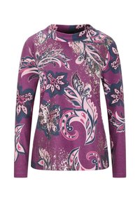 Langärmliges lila Shirt mit hohem Kragen, das große rosa, marineblaue und weiße Blumen- und Paisleymuster mit goldenen Sprenkeln enthält.
