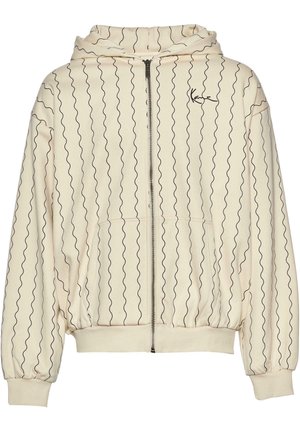 Lys beige hettegenser med bølgende svarte linjer, hel glidelås, kengurulomme og ribbestrikkede mansjetter. Mykt stoff med en avslappet passform og hette.