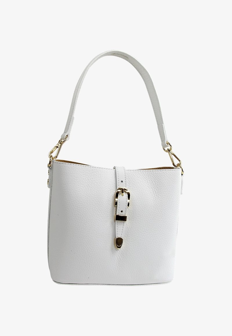 White leather handbag with a textured finish, a rounded shape, adjustable strap, and a gold-tone buckle accent on the front.