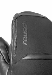 Schwarze Lederhandschuhe mit matter Oberfläche. Mit genähtem Naht und geprägtem "reusch"-Logo auf der Oberfläche. Strukturierter Fingerbereich.