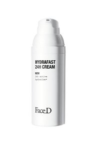 Bottiglia cilindrica bianca della crema HydraFast 24H, dotata di un tappo a pompa. Il testo sull'etichetta indica idratazione attiva per 24 ore da FaceD.