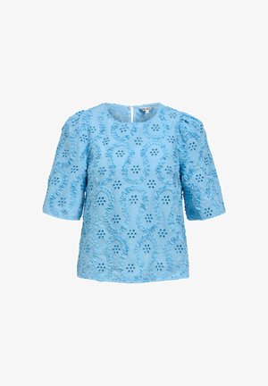 Bluza albastru deschis cu mâneci scurte, model paisley texturat și ochiuri punctate, decolteu rotund și închidere cu nasturi la spate.