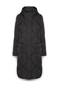 Zwarte gewatteerde pufferjas met een capuchon, voorzien van drukknoopsluiting, twee ritsborstzakken en twee lagere flapzakken. Strakke textuur.