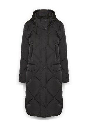 Czarna pikowana kurtka puchowa z kapturem, z zatrzaskami, dwiema zamykanymi na zamek kieszeniami na piersi i dwiema dolnymi kieszeniami z klapami. Gładka tekstura.