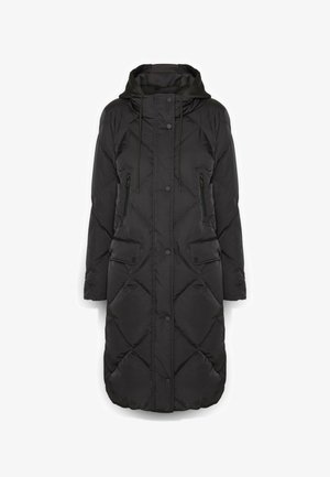 Czarna pikowana kurtka puchowa z kapturem, z zatrzaskami, dwiema zamykanymi na zamek kieszeniami na piersi i dwiema dolnymi kieszeniami z klapami. Gładka tekstura.