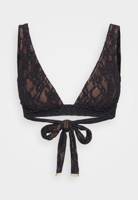 Bralette in pizzo nero con scollatura a V profonda, spalline larghe e dettaglio in filo sul retro. Presenta motivi floreali intricati e dettagli dorati.
