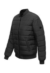 Schwarze gepolsterte Bomberjacke mit Reißverschluss vorne, gerippten Bündchen und Saum. Verfügt über horizontale Nähte und ein rundes Logo am linken Ärmel.
