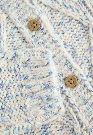 Cardigan in maglia in tonalità pastello di blu, rosa e crema. Presenta punti testurizzati e un bottone di legno a forma di fiore.