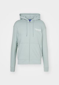 Sweat à capuche gris clair à fermeture éclair intégrale, capuche avec cordon, deux poches avant et petit logo « Originals Studio » sur la poitrine gauche.