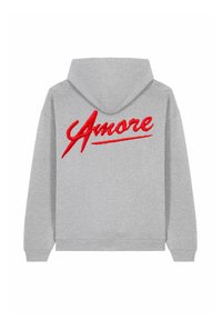 Sivá mikina s veľkým červeným vyšívaným textom "Amore" na chrbte, s priestrannou kapucňou a rebrovanými manžetami a lemom.