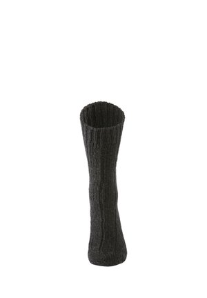 Chaussettes côtelées jusqu'aux genoux en tissu tricoté gris foncé, présentant une surface texturée et un bord replié.