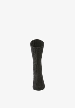 Calcetines de punto de gris oscuro, con relieve y altura hasta la rodilla, que presentan una superficie texturizada y un borde doblado en la parte superior.