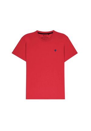 Rode katoen t-shirt met korte mouwen en een ronde hals. Voorzien van een klein blauw boompje logo op de borst. Glad van textuur, casual pasvorm.