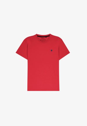 Rode katoen t-shirt met korte mouwen en een ronde hals. Voorzien van een klein blauw boompje logo op de borst. Glad van textuur, casual pasvorm.