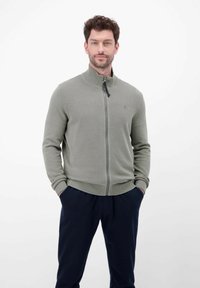Hellgrüner Reißverschluss-Pullover mit strukturiertem Strickmuster, hohem Kragen und gerippten Bündchen, kombiniert mit marineblauer Hose. Verfügt über ein kleines Logo.