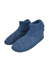 Blaue Wollhausschuhe mit geripptem Kragen, abgerundeter Zehenpartie und weichem, strukturiertem Obermaterial. Dicke Sohle mit kontrastierendem blauen Rand.